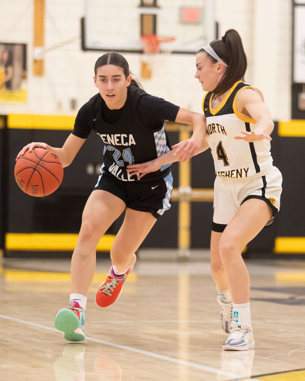 Natalie Hambly drives on North Allegheny’s Kellie McConnell