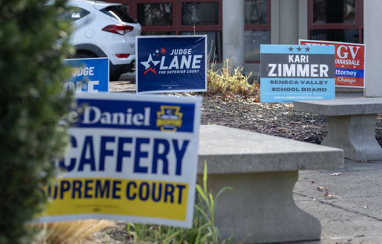 Signs are displayed at the entrance of the Cranberry Township Municipal Center