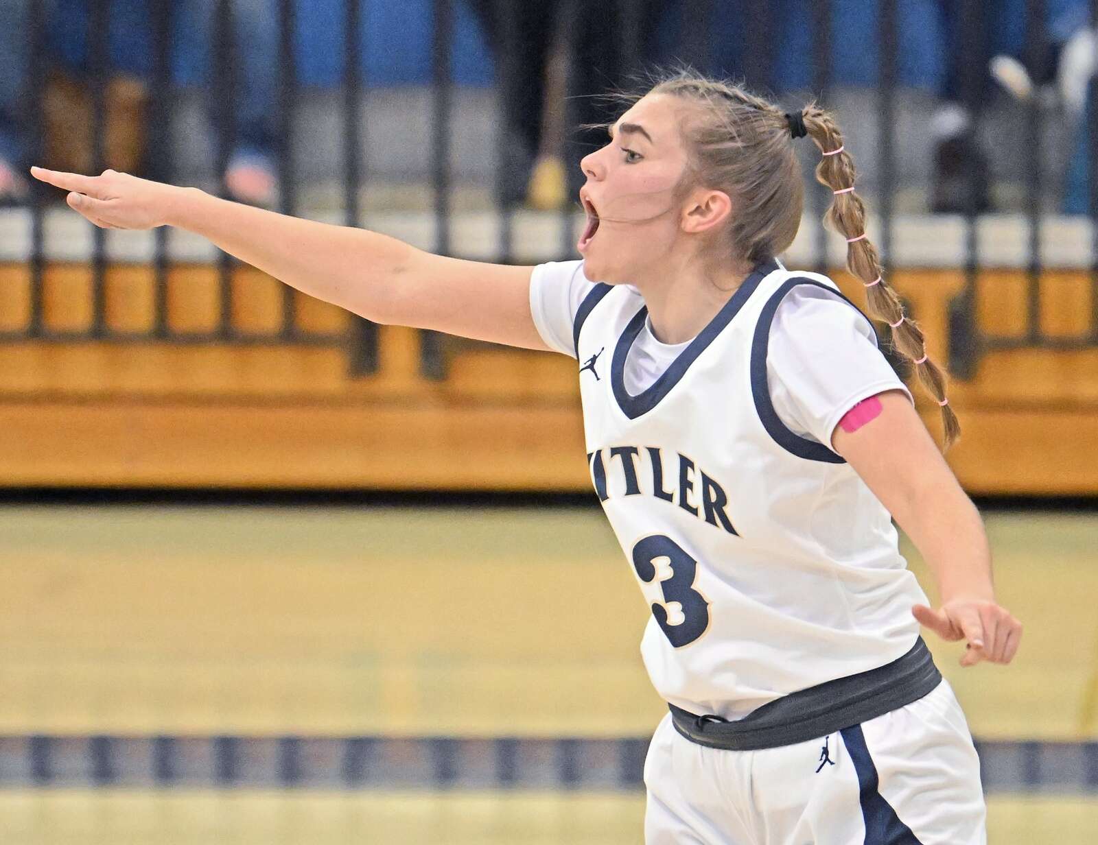Butler #3 Jessica Chwalik yells out after hitting her third three pointer 