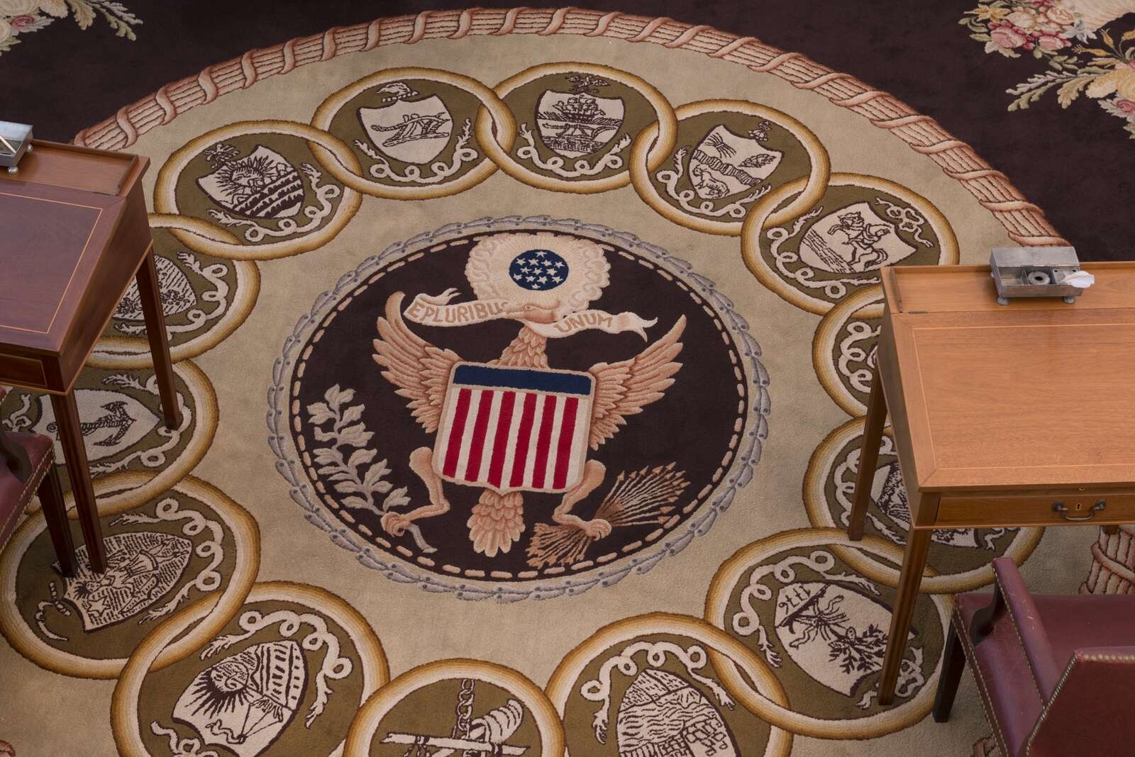 The carpet in the Senate Chamber featuring the Great Seal