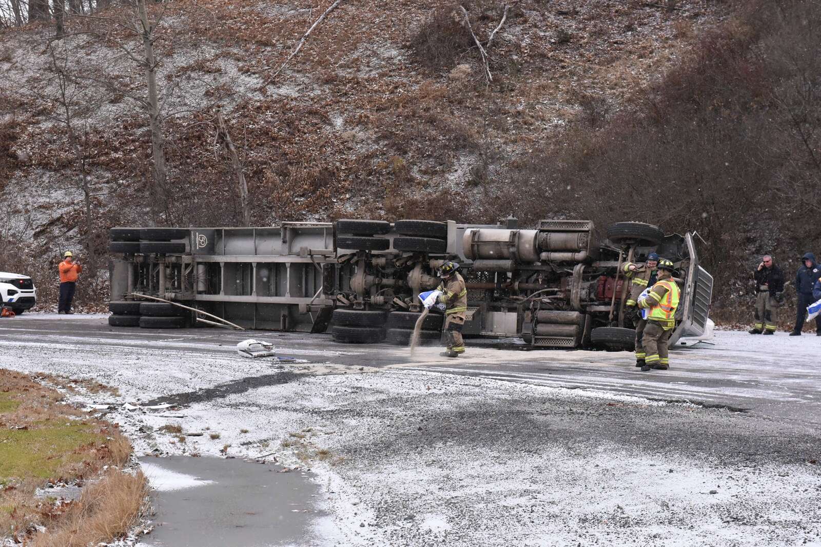 Tractor trailer overturned at the Cleveland-Cliffs access ramp