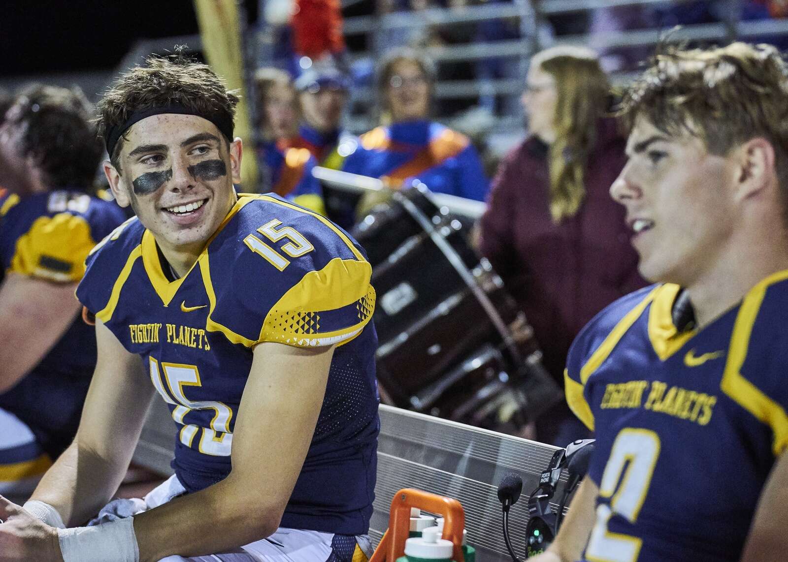 Mars junior quarterback Luke Goodworth talks with teammate Evan Wright