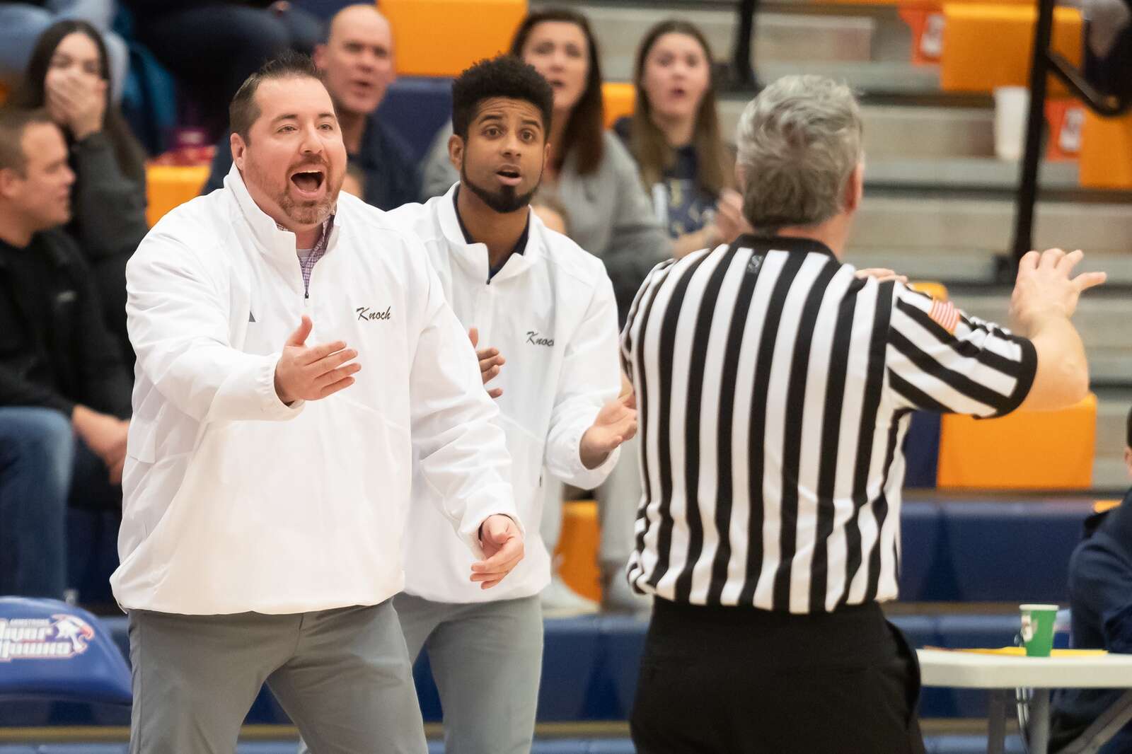 Knoch head coach Alan Bauman loudly disagrees with a foul call