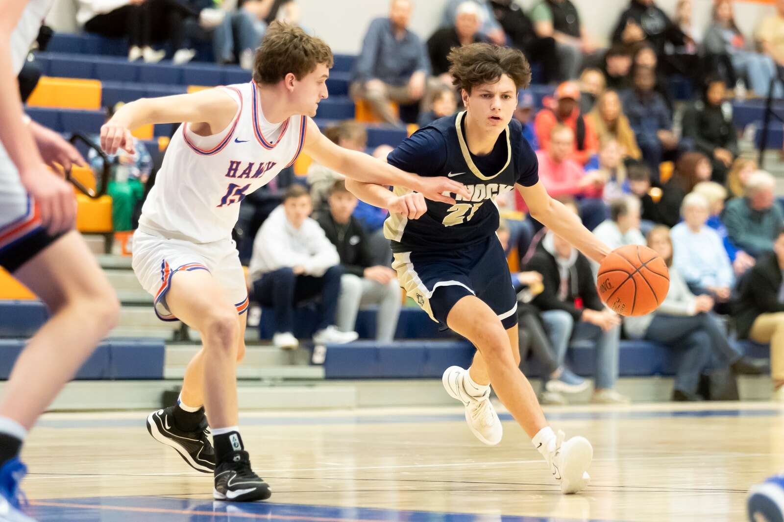 Knoch’s Zarian Finucan dribbles through the defense of Armstrong’s Jack Valasek